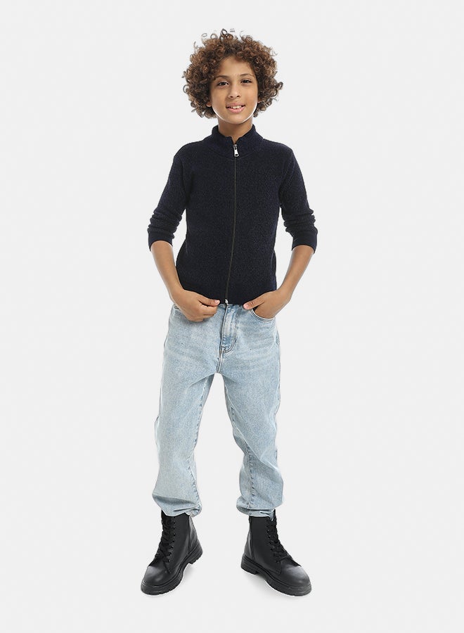 Andora Self Patterened Full Zipper Closure Velvet Sweater - Navy Blue - Image 5