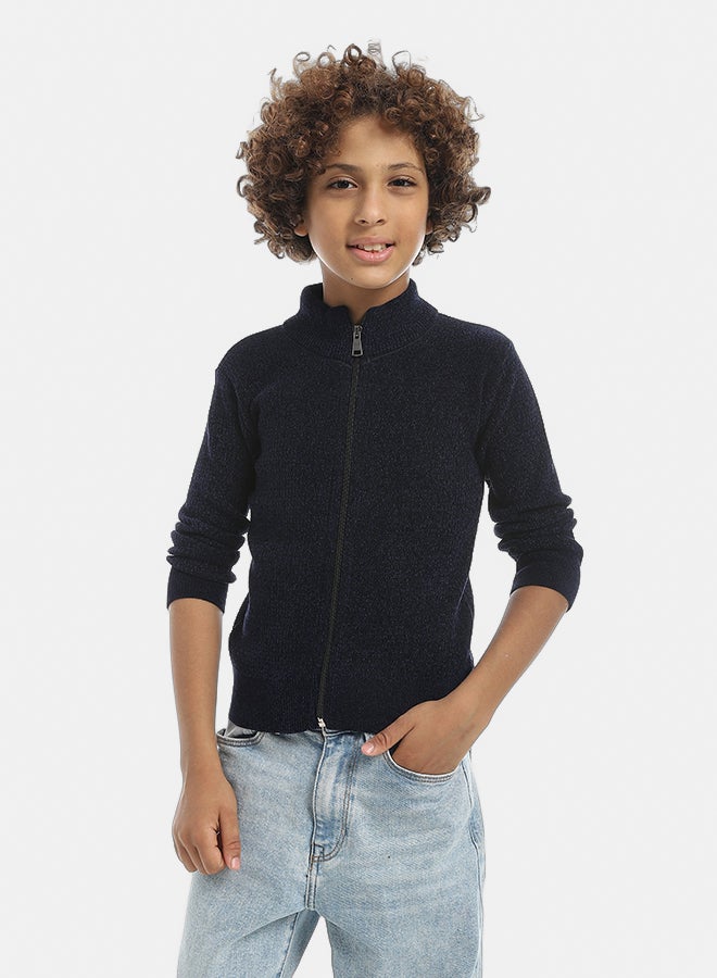 Andora Self Patterened Full Zipper Closure Velvet Sweater - Navy Blue - Image 1