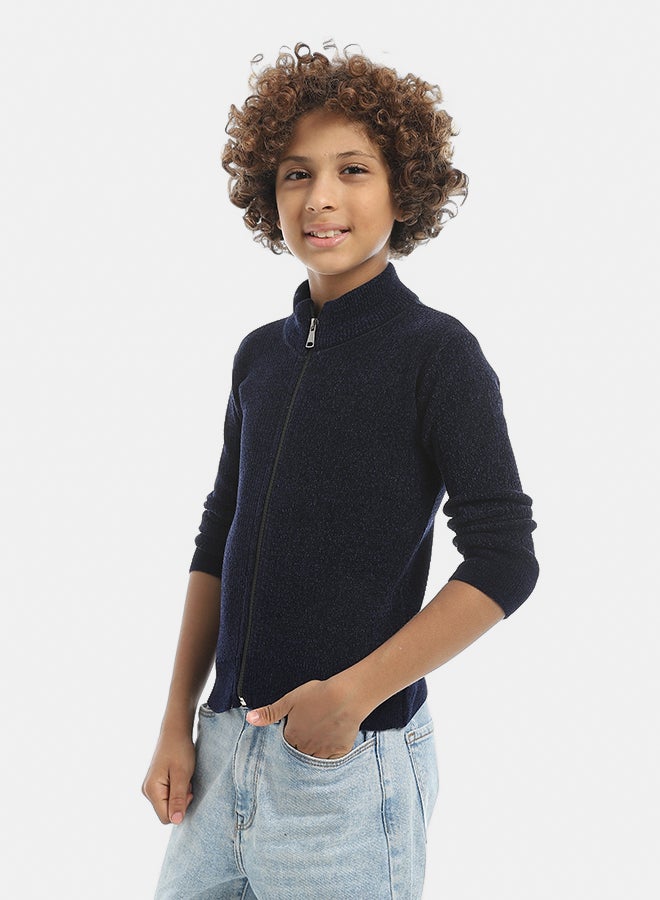 Andora Self Patterened Full Zipper Closure Velvet Sweater - Navy Blue - Image 2