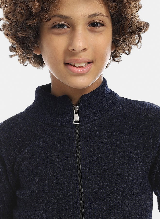 Andora Self Patterened Full Zipper Closure Velvet Sweater - Navy Blue - Image 4