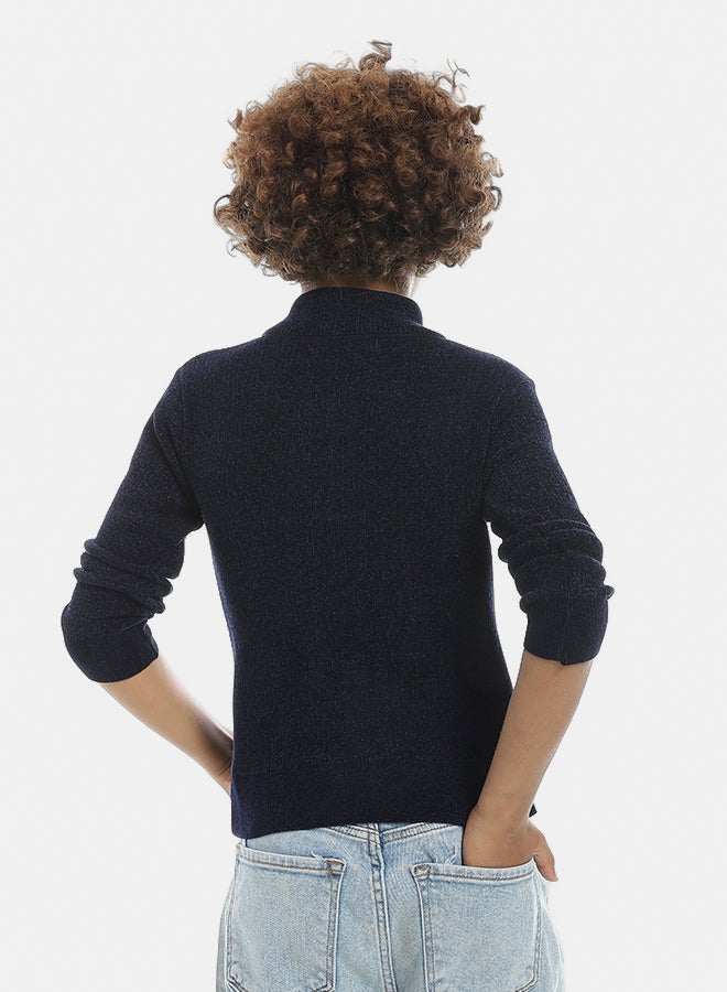 Andora Self Patterened Full Zipper Closure Velvet Sweater - Navy Blue - Image 3