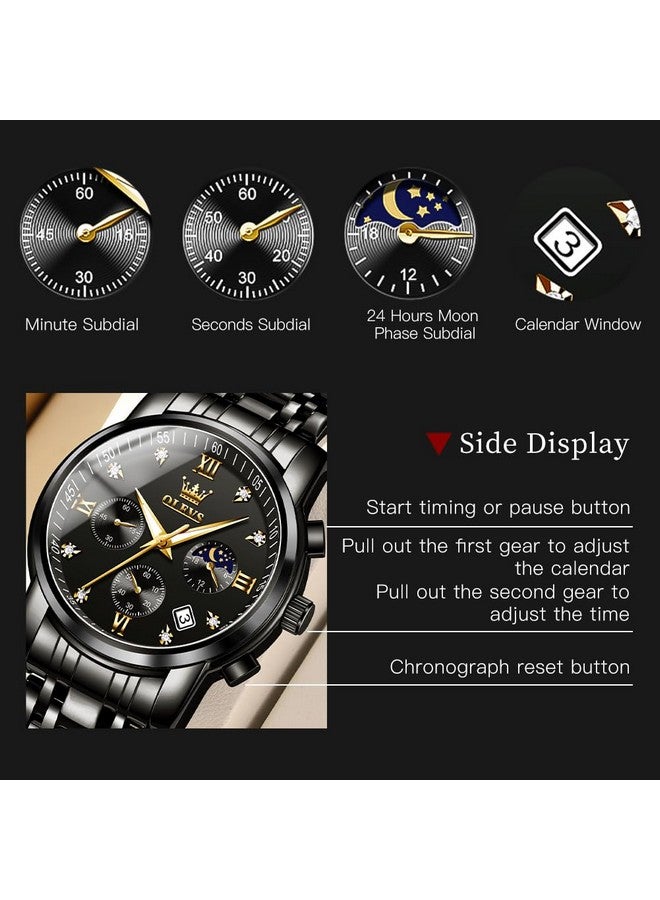أوليفز ساعة  للرجال كرونوغراف ألماس كوارتز أسود بتقويم تاريخ ومرحلة القمر فاخرة من الفولاذ المقاوم للصدأ بلونين ومقاومة للماء وساعة عمل مضيئة - Image 4