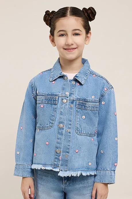 R&B Embroidered Denim Jacket with Button Closure