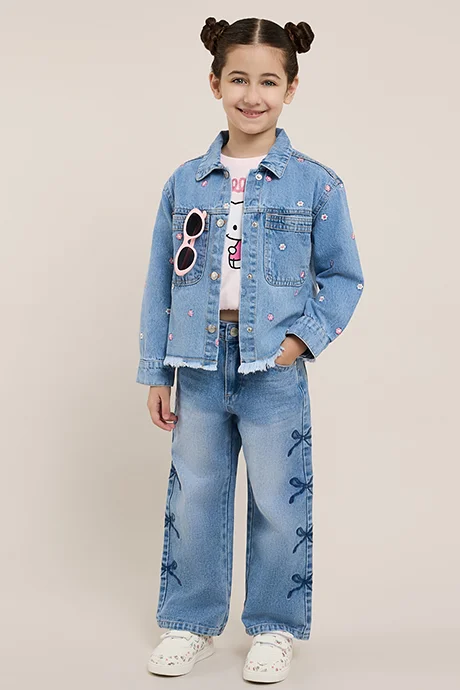 R&B Embroidered Denim Jacket with Button Closure