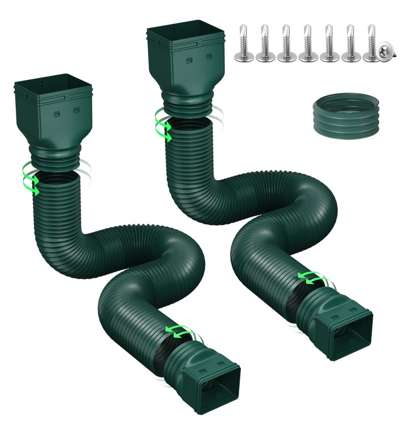 Ogutter Rain Gutter Downspout Extensions Downspout Extender for Rainwater Drainage Flexible Extendable 5866 Down Spout Drain Extension Pipes 2 Pack Green