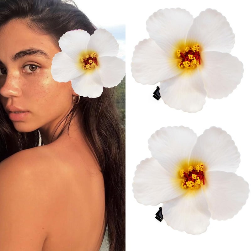 Love Sweety 2pc Hawaiian Plumeria Hair Clips Delicate Dew Galsang Flower Barrettes for Beach PartyWhite