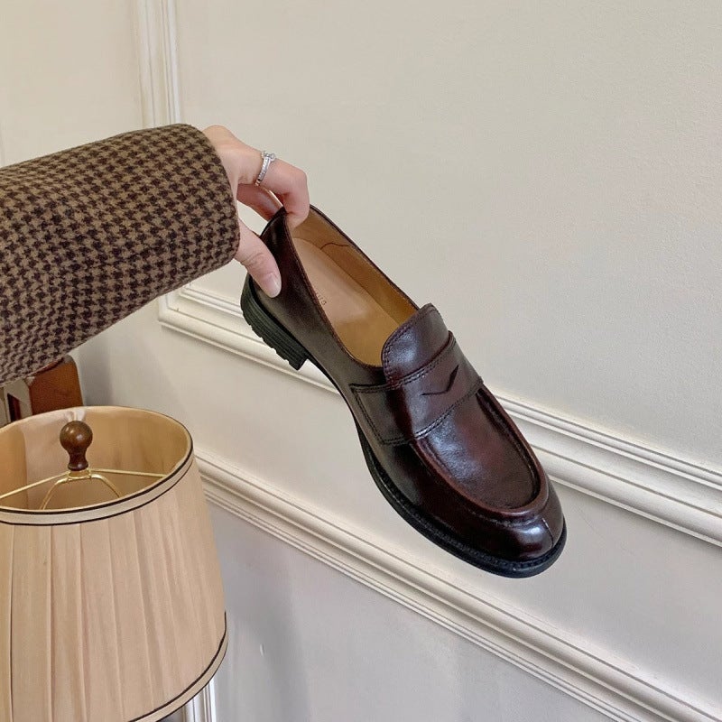 Ready Stock Shipped In Seconds! Wang Xiaodu'S Same Style Retro Genuine Leather Slip-On Thick Heel Loafers Handmade Small Leather Shoes - Image 5