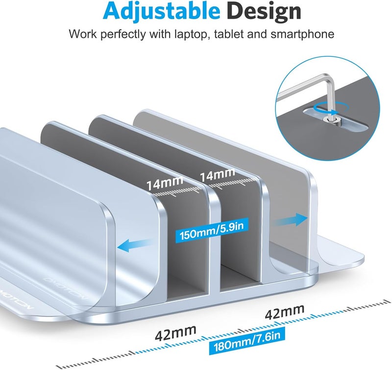 Omoton Vertical Laptop Stand [Updated Double Version], Desktop Aluminum Mac Book Stand with Adjustable Dock Size, Fits All Mac Book, Surface, Chrome Book and Gaming Laptops (Up to 17.3") (Sky Blue) - Image 4