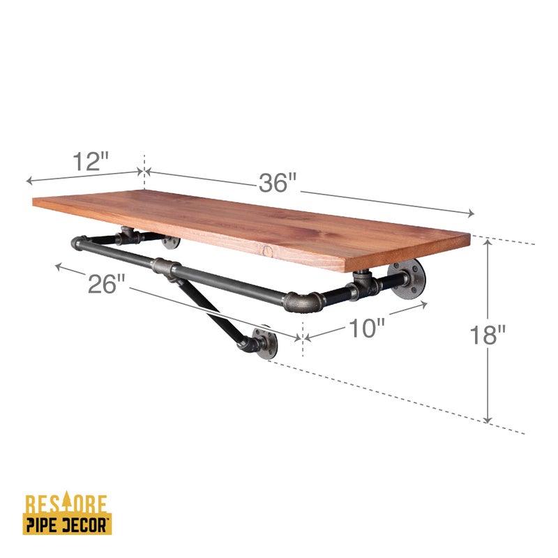 PIPE DECOR 36 in. Wall Mounted Clothing Rack, Solid Wood Shelf with Industrial Steel Pipe Hanging Bracket, Multi-Purpose Vintage Shelving for Bedroom, Kitchen, or Entryway, Sunset Cedar Stain - Image 2
