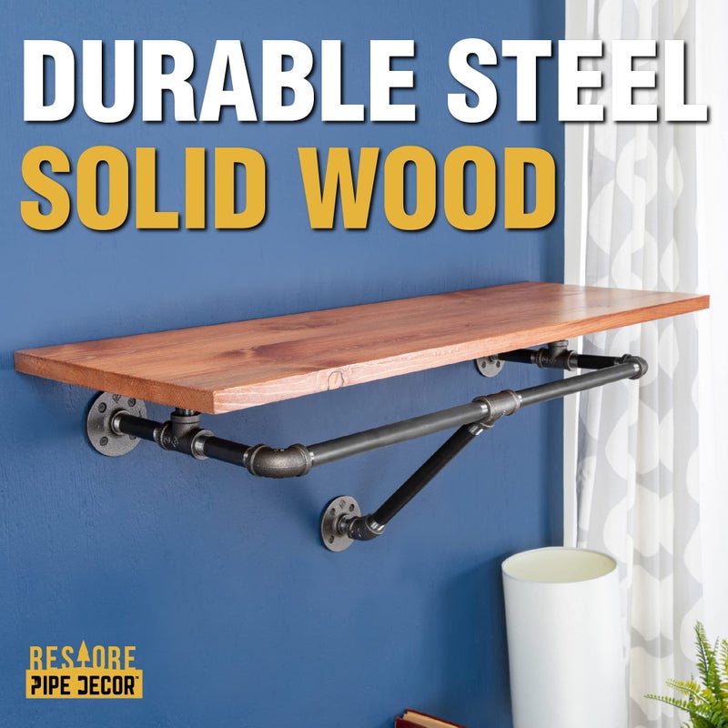 PIPE DECOR 36 in. Wall Mounted Clothing Rack, Solid Wood Shelf with Industrial Steel Pipe Hanging Bracket, Multi-Purpose Vintage Shelving for Bedroom, Kitchen, or Entryway, Sunset Cedar Stain - Image 3