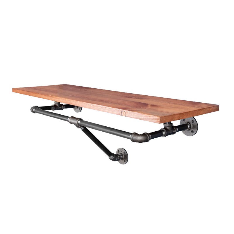 PIPE DECOR 36 in. Wall Mounted Clothing Rack, Solid Wood Shelf with Industrial Steel Pipe Hanging Bracket, Multi-Purpose Vintage Shelving for Bedroom, Kitchen, or Entryway, Sunset Cedar Stain - Image 1