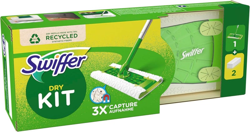 Starter Kit Broom with 1 Handle + 2 Spare Cloths, for Capturing and Traping Dust