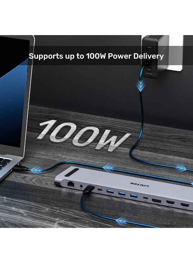 UNITEK محطة إرساء KVM ثلاثية 4K uHUB15+ USB-C، تحكم مزدوج، 3x4K عرض، 100W PD، 10Gbps بيانات، RJ45، صوت وفتحات SD – D1106AGY01 - Image 2