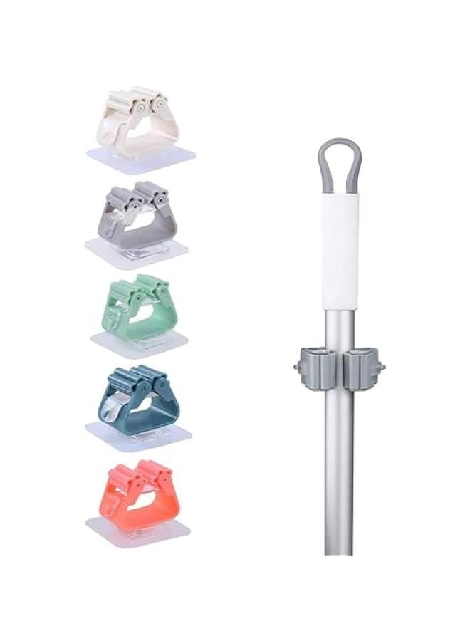 هوكور 5 Pieces Adhesive Wall Mounted Mop and Broom Holder, Wall Mount Kitchen and Bathroom Organizer Self Adhesive Easy Install Multicolored Heavy Duty Holder(Mixed colors) - Image 1