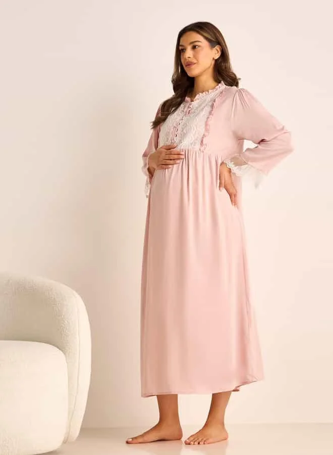 Splash FAV Lace Detail Maternity Night Gown with Long Sleeves