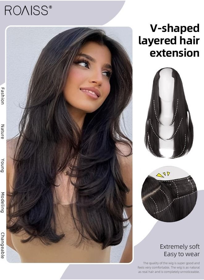 roaiss - V-Shaped Layered Hair Extensions, One Piece Straight Hair Extension Wig with 4 Clips, Heat Resistant Synthetic Hairpiece for Women Girls, Brown Black, 55cm (22 inches) - Image 1