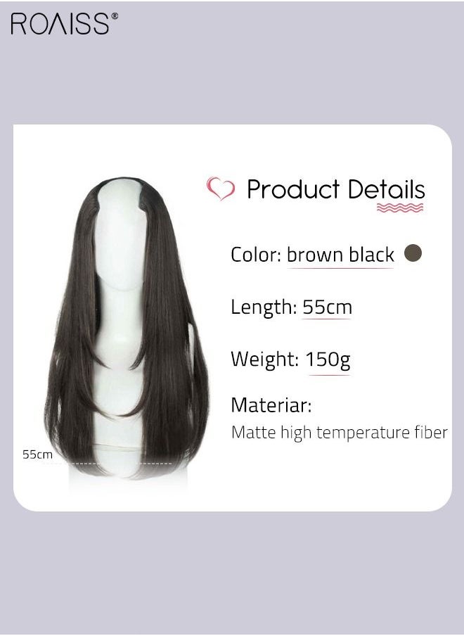 roaiss - V-Shaped Layered Hair Extensions, One Piece Straight Hair Extension Wig with 4 Clips, Heat Resistant Synthetic Hairpiece for Women Girls, Brown Black, 55cm (22 inches) - Image 1