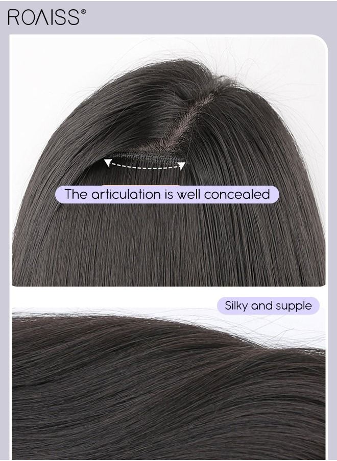 roaiss - V-Shaped Layered Hair Extensions, One Piece Straight Hair Extension Wig with 4 Clips, Heat Resistant Synthetic Hairpiece for Women Girls, Brown Black, 55cm (22 inches) - Image 1