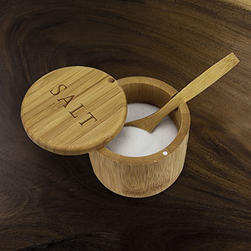 Totally Bamboo Salt Cellar Bamboo Storage Box with Magnetic Swivel Lid, 6 Ounce Capacity, Engraving on Lid, Includes Salt Spoon - Image 2