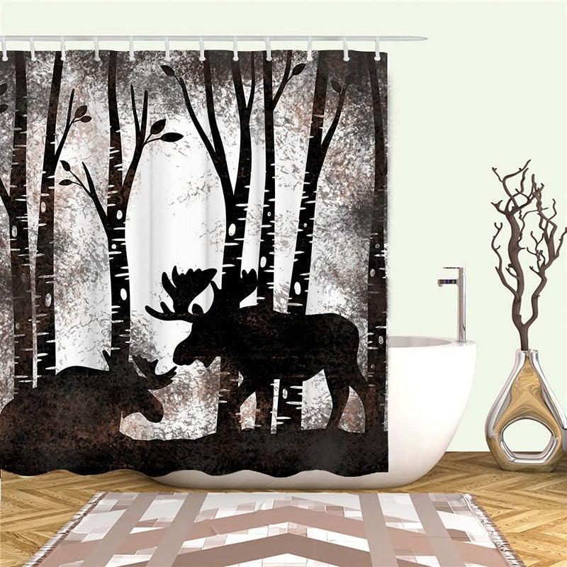 Rnnjoile Moose Startain Square Form Wild Wild in Trees Forest Silhouette Bath Stain for Cabin Farmhouse Wildlife Bathrate Decain مع خطافات 72 "× 72" "بني - Image 3