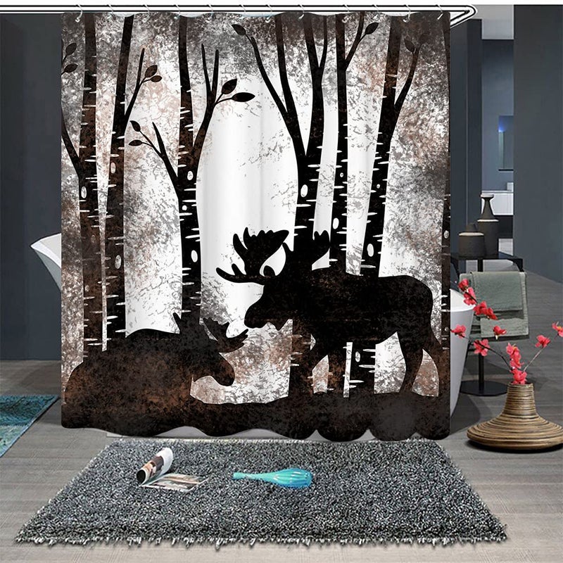 Rnnjoile Moose Startain Square Form Wild Wild in Trees Forest Silhouette Bath Stain for Cabin Farmhouse Wildlife Bathrate Decain مع خطافات 72 "× 72" "بني - Image 4