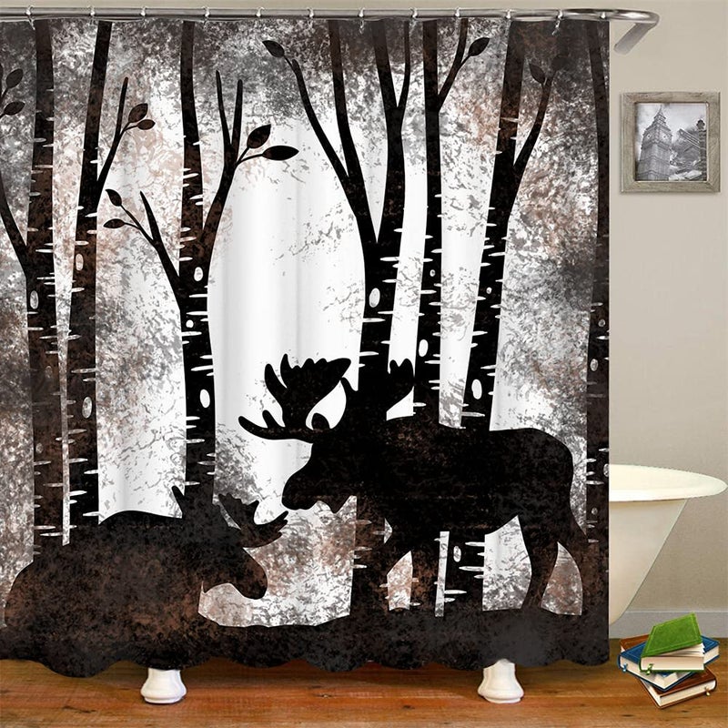 Rnnjoile Moose Startain Square Form Wild Wild in Trees Forest Silhouette Bath Stain for Cabin Farmhouse Wildlife Bathrate Decain مع خطافات 72 "× 72" "بني - Image 2