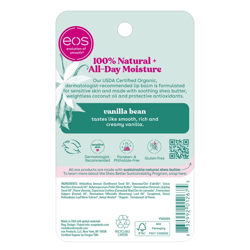 eos 100% Natural & Organic Lip Balm Sticks - Vanilla Bean, All Natural Lip Balm, All-Day Moisture, Dermatologist Recommended, 0.14 oz, 2-Pack - Image 4