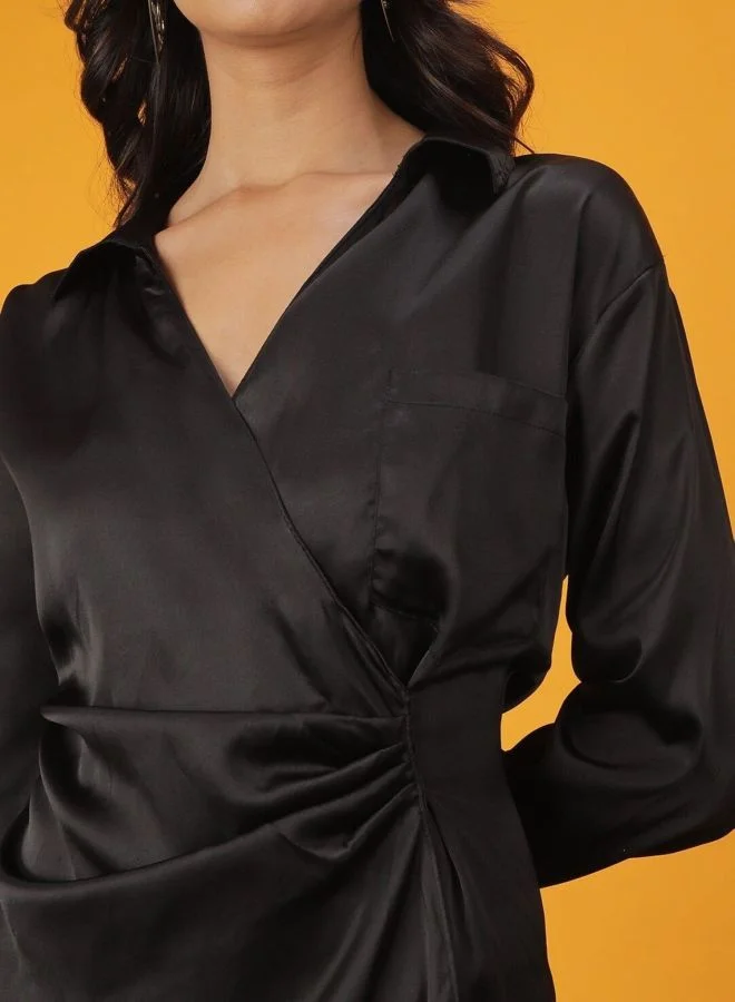 Freehand Women Boxy Fit Solid V-Neck Long Sleeve Regular Dress
