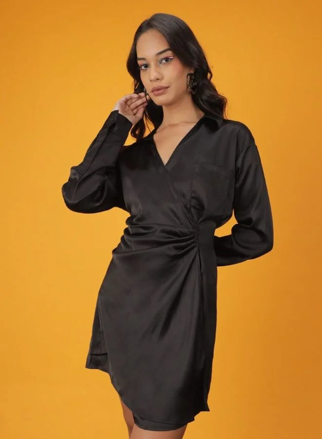 Freehand Women Boxy Fit Solid V-Neck Long Sleeve Regular Dress