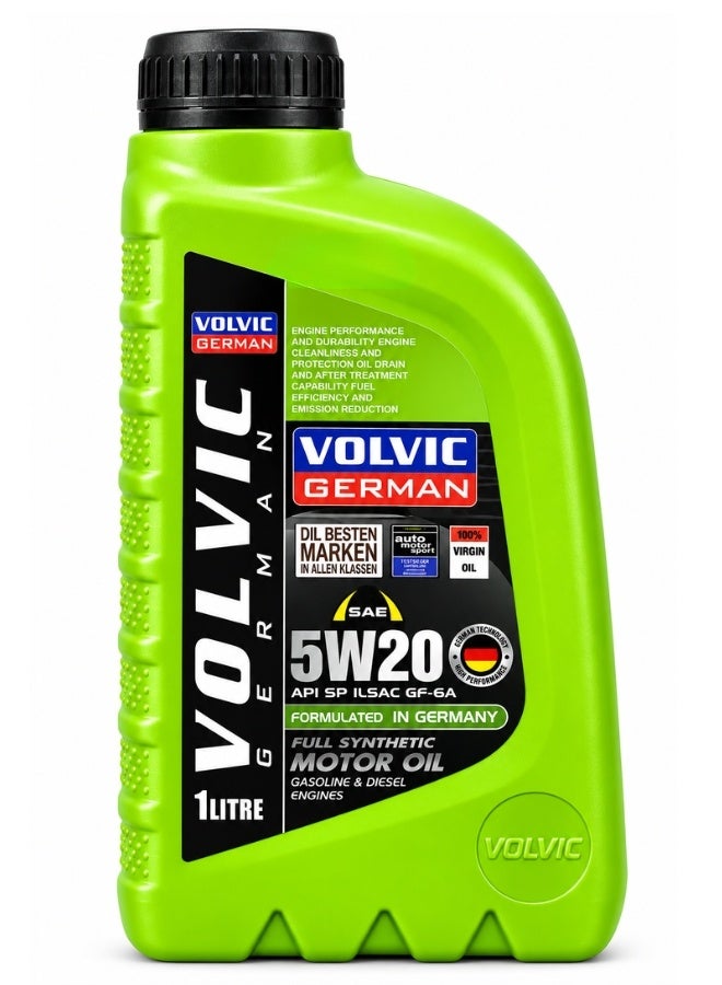 فولفيك زيت محرك VOLVIC GERMAN SAE 5W-20 تخليقي بالكامل سعة 1 لتر، بمواصفات API SP وILSAC GF-6A، زيت سيارات عالي الأداء مصمم للمساعدة على دعم أداء المحرك والنظافة والحماية الداخلية وكفاءة استهلاك الوقود وتقليل الانبعاثات، مناسب لمحركات البنزين المتوافقة التي تتطلب 5W-20، تركيبة مطورة في ألمانيا - Image 1