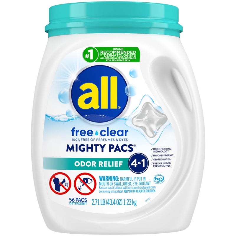 All Mighty Pacs Laundry Detergent Free Clear Odor Relief, Tub, 56 Count - Image 1