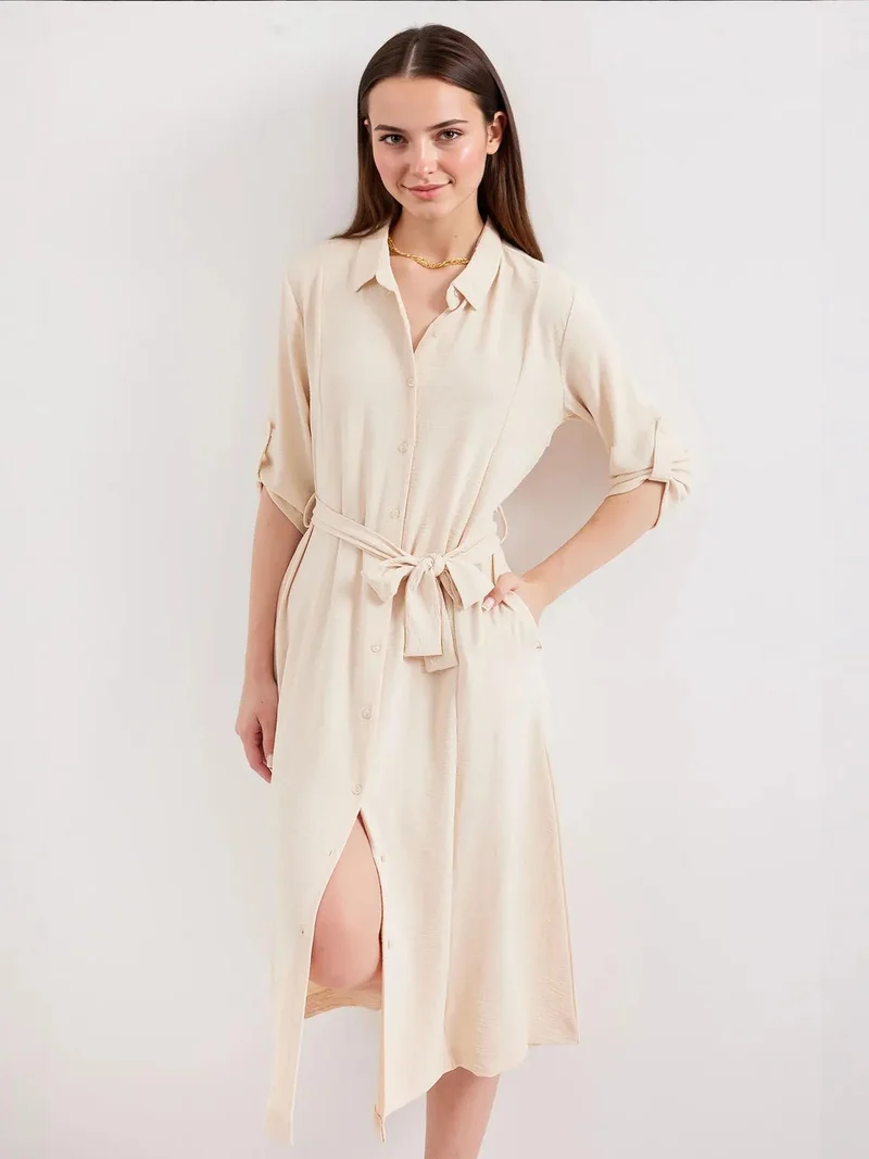 بيغ دارت فستان ميدي بنقوش بياقة قميص وربطة