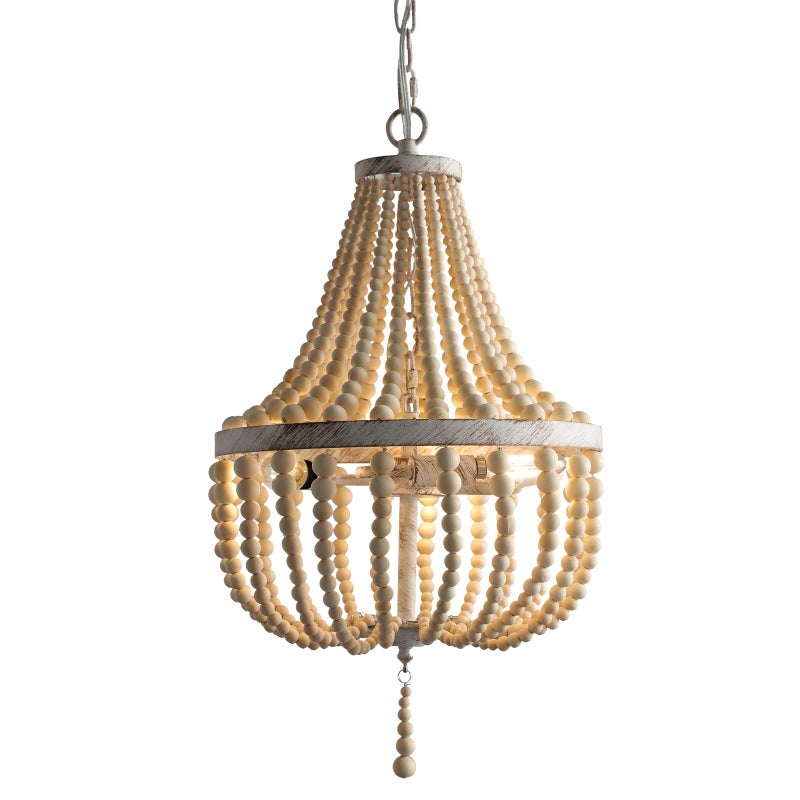 3Light Mini Bohemian Wood Beaded Chandelier Pendant Boho Light FixtureAntique Metal Finish Natural Color Wooden Beads for BathroomLiving RoomEntryway and Bedroom