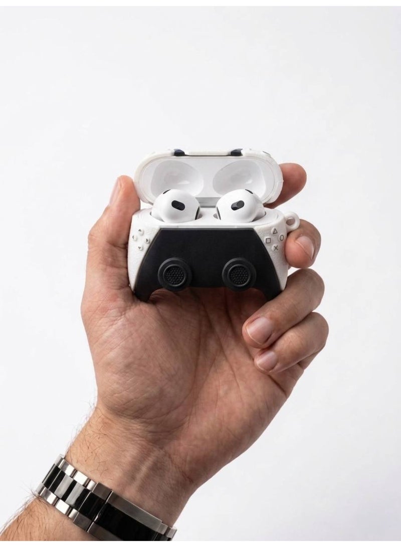 Aura Style PS5 Controller Silicone Case for Apple AirPods 4 – Fun Gaming Design, Shock-Proof Cover with Carabiner, White - Image 4