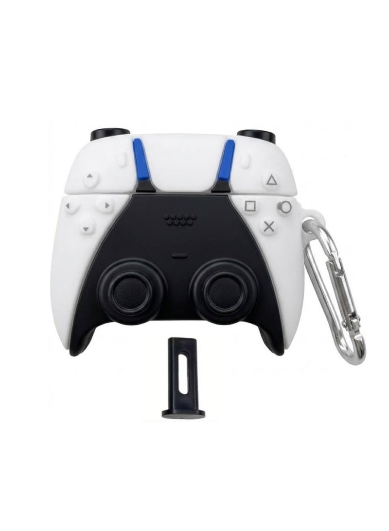 Aura Style PS5 Controller Silicone Case for Apple AirPods 4 – Fun Gaming Design, Shock-Proof Cover with Carabiner, White - Image 1