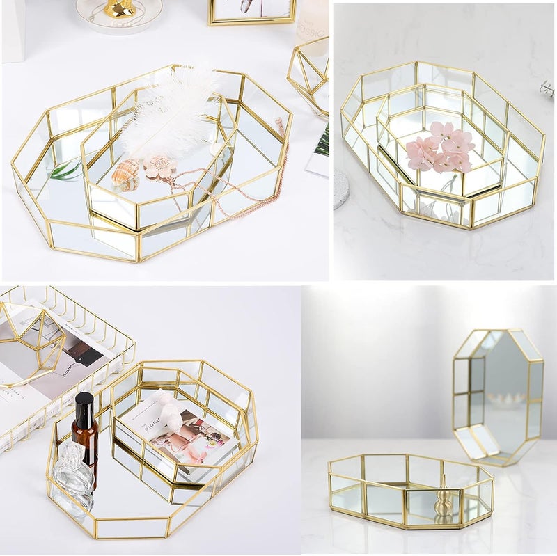 Hipiwe mirror glass vanity tray - gold ornate makeup tray vintage octagonal perfume tray dresser tray jewelry trinket organizer tray for bathroom storage tray for home decor - Image 2
