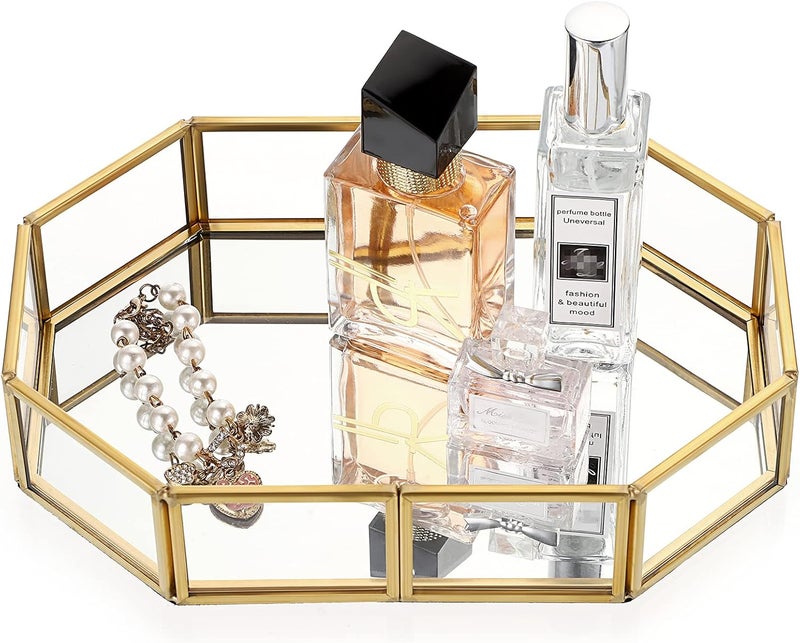 Hipiwe mirror glass vanity tray - gold ornate makeup tray vintage octagonal perfume tray dresser tray jewelry trinket organizer tray for bathroom storage tray for home decor - Image 1
