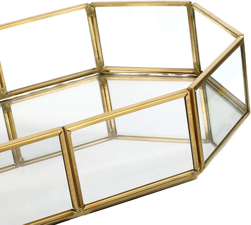 Hipiwe mirror glass vanity tray - gold ornate makeup tray vintage octagonal perfume tray dresser tray jewelry trinket organizer tray for bathroom storage tray for home decor - Image 4