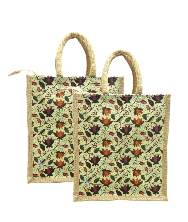 Sangra Multicolor Jute bag for Women and Men Lunch Bag with Zip and Handle (Small) (Pack of Two) (Lotus) - Image 1