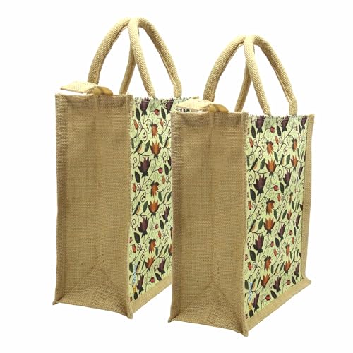 Sangra Multicolor Jute bag for Women and Men Lunch Bag with Zip and Handle (Small) (Pack of Two) (Lotus) - Image 4