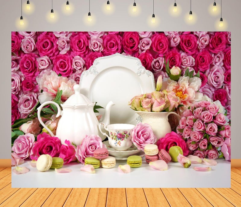 BELECO 7x5ft Fabric Floral Tea Party Backdrop Roses Teapot Cupcakes Tea Party Decorations Background Banner Tea Party Photo Shoot Studio Booth Photography Props - Image 5
