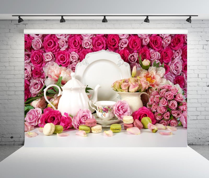 BELECO 7x5ft Fabric Floral Tea Party Backdrop Roses Teapot Cupcakes Tea Party Decorations Background Banner Tea Party Photo Shoot Studio Booth Photography Props - Image 2