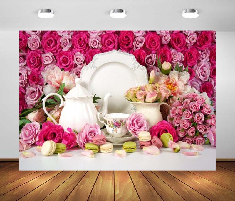 BELECO 7x5ft Fabric Floral Tea Party Backdrop Roses Teapot Cupcakes Tea Party Decorations Background Banner Tea Party Photo Shoot Studio Booth Photography Props - Image 1
