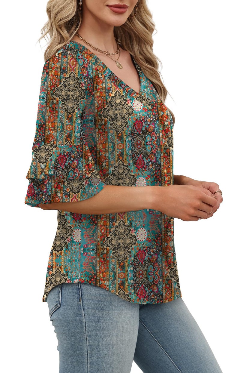 OFEEFAN Shirts for Women Boho 3/4 Length Sleeve Womens Tops Casual Western Outfit Trendy Spring Break Essentials Summer Blouses Figure XL - Image 4