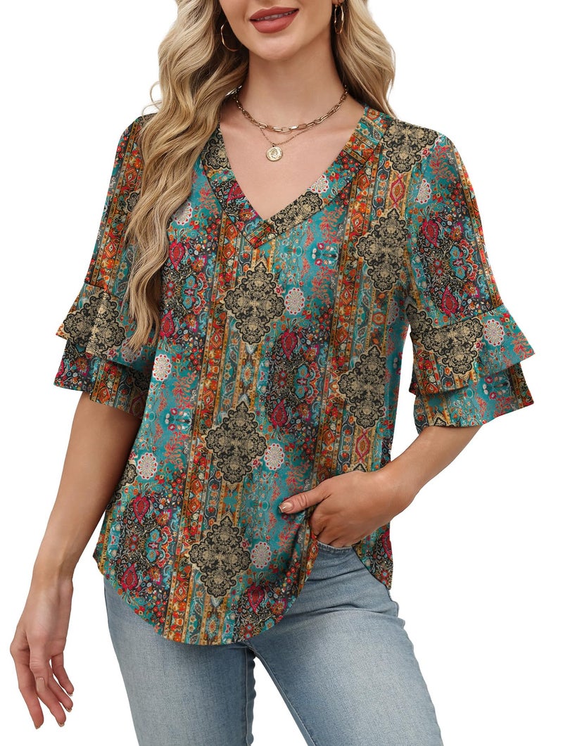 OFEEFAN Shirts for Women Boho 3/4 Length Sleeve Womens Tops Casual Western Outfit Trendy Spring Break Essentials Summer Blouses Figure XL - Image 2