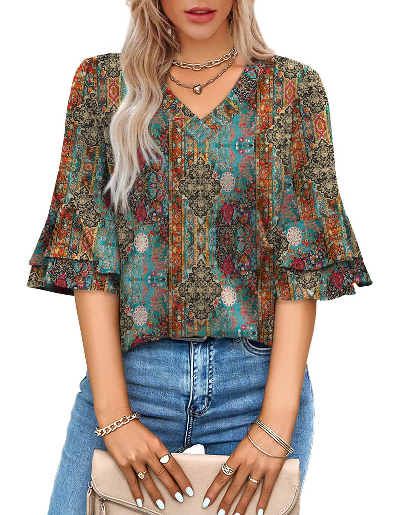 OFEEFAN Shirts for Women Boho 3/4 Length Sleeve Womens Tops Casual Western Outfit Trendy Spring Break Essentials Summer Blouses Figure XL - Image 3