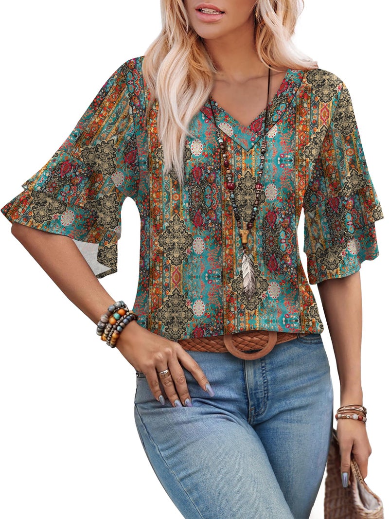 OFEEFAN Shirts for Women Boho 3/4 Length Sleeve Womens Tops Casual Western Outfit Trendy Spring Break Essentials Summer Blouses Figure XL - Image 1