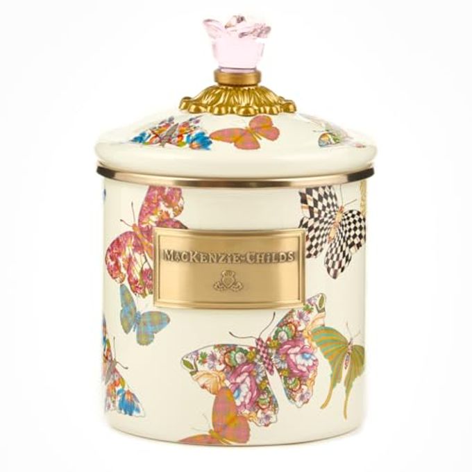 MACKENZIE-CHILDS Butterfly Garden Enamel Canister, Pretty Kitchen Storage Container with Lid, Small