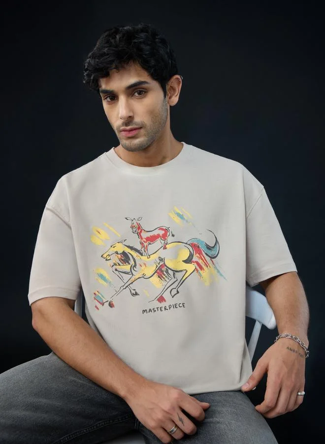 ذا سوليد ستور Beige Majnu Bhai Print Oversized T-Shirt