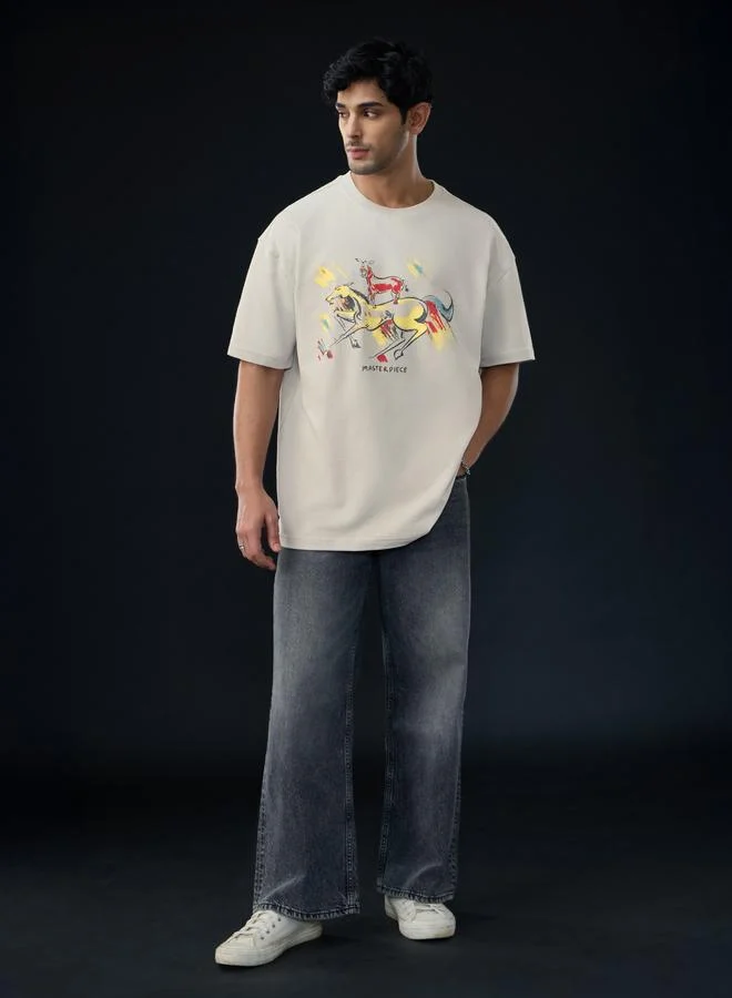 The Souled Store Beige Majnu Bhai Print Oversized T-Shirt